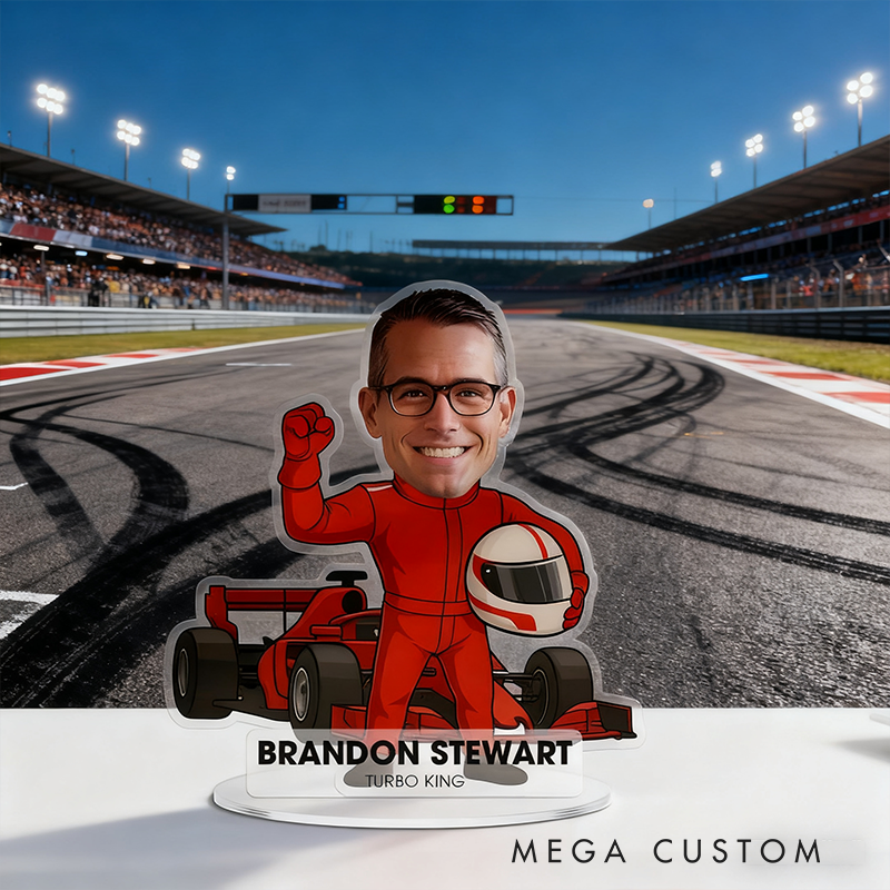 Personalized Race Car Driver Acrylic Figurine Desk Name Plate Custom Portrait Caricature Plaque Gift for Colleague and Racing Lovers