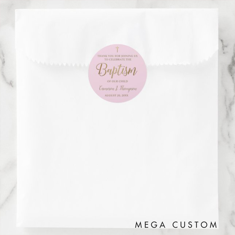 Personalized Gold Pink Thank you Classic Round Sticker with Name and Date Religious Gift Baptism Christening Gift for Girls