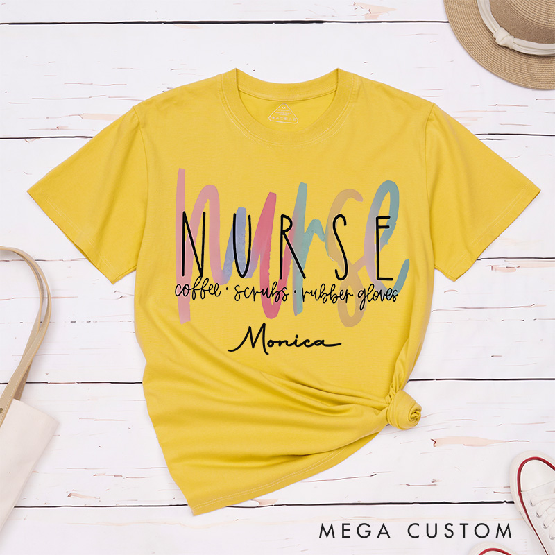 Personalized Nurse T-Shirts Nurse Essentials Coffee Scrubs Rubber Gloves Fashion Design T-Shirts
