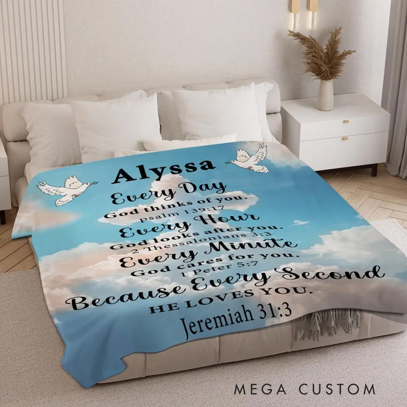 Personalized Bible Verse Blue Soft Throw Blanket with Name Religious Day Birthday Holiday Gift for Christians