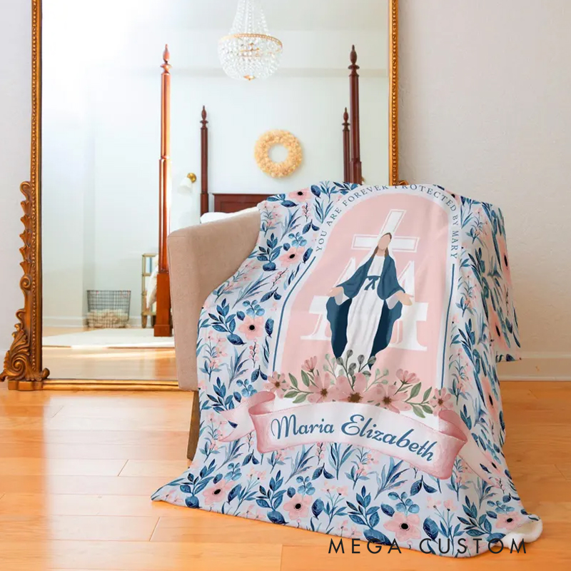 Personalized You are Forever Protected by Mary Soft Throw Blanket with Name Religious Day Birthday Christmas Gift for Christians