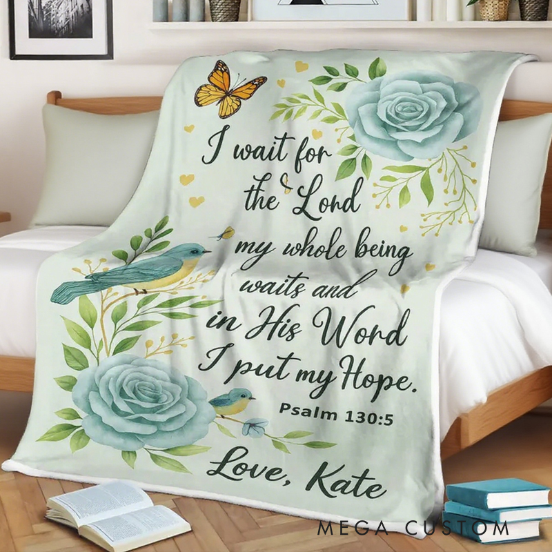 Personalized Christian Bible Verse Blanket Psalm 130:5 Soft Throw Blanket with Name Religious Day Birthday Christmas Gift for Christians