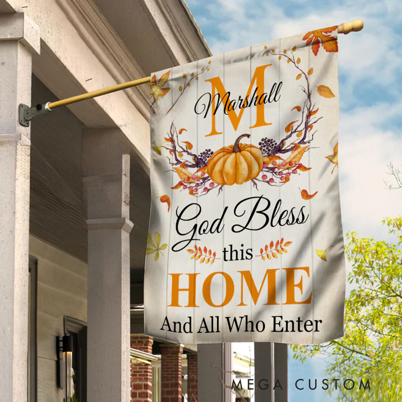 Personalized Thankful Fall God Bless this Home Garden Flag with Text Yard Porch Decor Christmas Religious Gift for Family Christian
