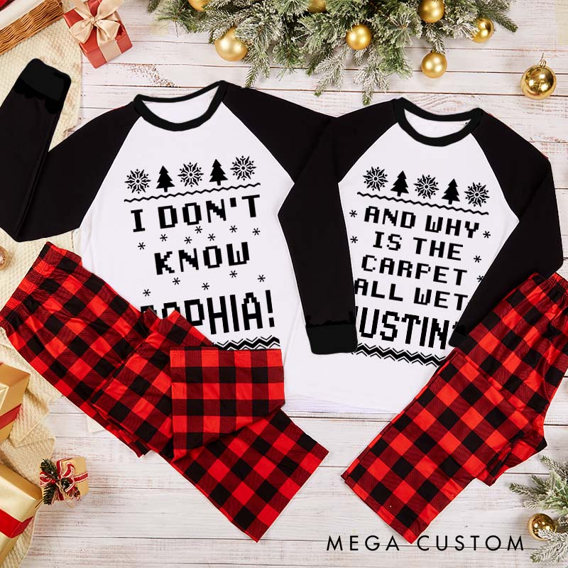 Personalized Couple Funny Why is the Carpet All Wet and I Don’t Know Xmas Pajamas Christmas Matching Pjs for Husband Wife Boyfriend Girlfriend