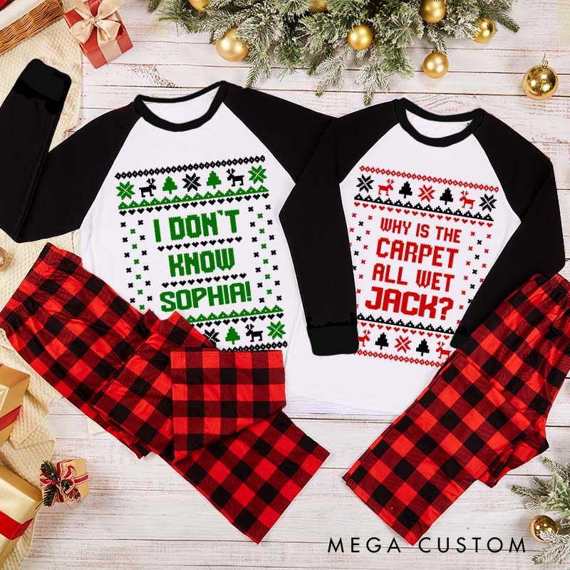 Personalized Why is The Carpet All Wet and I Don’t Know Xmas Pajamas Couple Christmas Matching Pjs for Husband Wife Boyfriend Girlfriend
