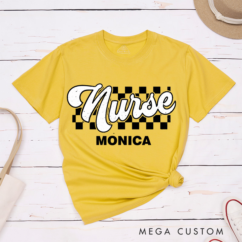 Personalized Nurse T-Shirts Checkered Care Nurse in Style Fashion Design T-Shirts