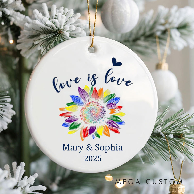 Personalized Love is Love Rainbow Sunflower Ornament LGBTQ Pride Ornament for Lesbian Gay LGBTQA+ Christmas Ornament