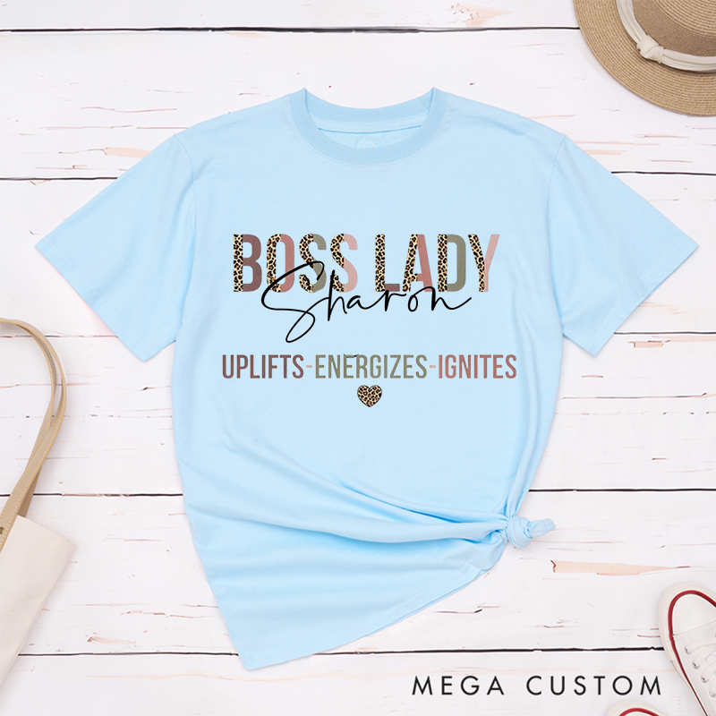 Personalized Leopard Print Retro Boss Lady T-Shirt She Uplifts Energizes Ignites Inspirational Design