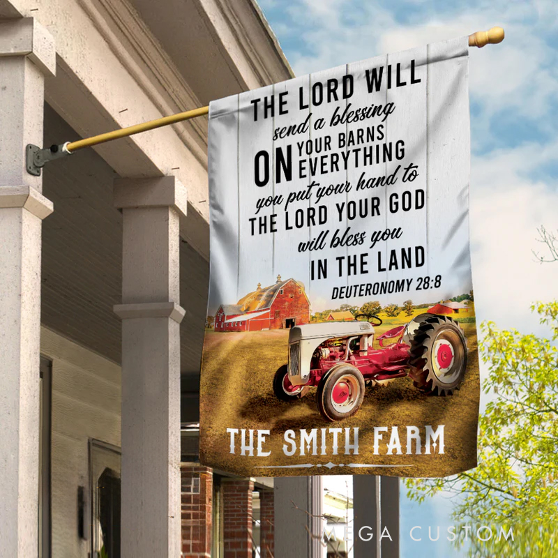 Personalized Farm Tractor God Blessing Garden Flag with Text Yard Porch Decor Christmas Religious Gift for Family Christian