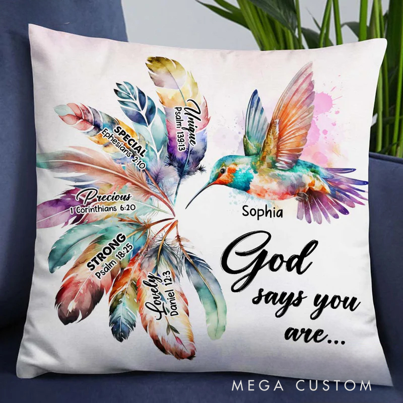Personalized Hummingbird God Says You are Throw Pillow with Name Christian Birthday Gift for Family Religious Inspirational Gift for Christian