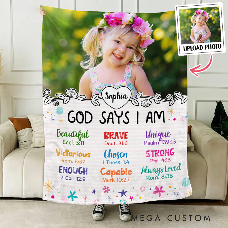Personalized God Says I am Photo Blanket Soft Throw Blanket with Name Religious Birthday Christmas Gift for Christians