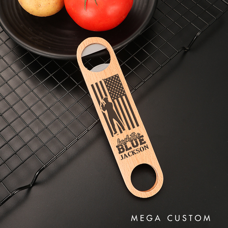 Personalized Wooden Handled Engraved Bottle Opener with Custom Back the Blue Design for Law Enforcement Supporters