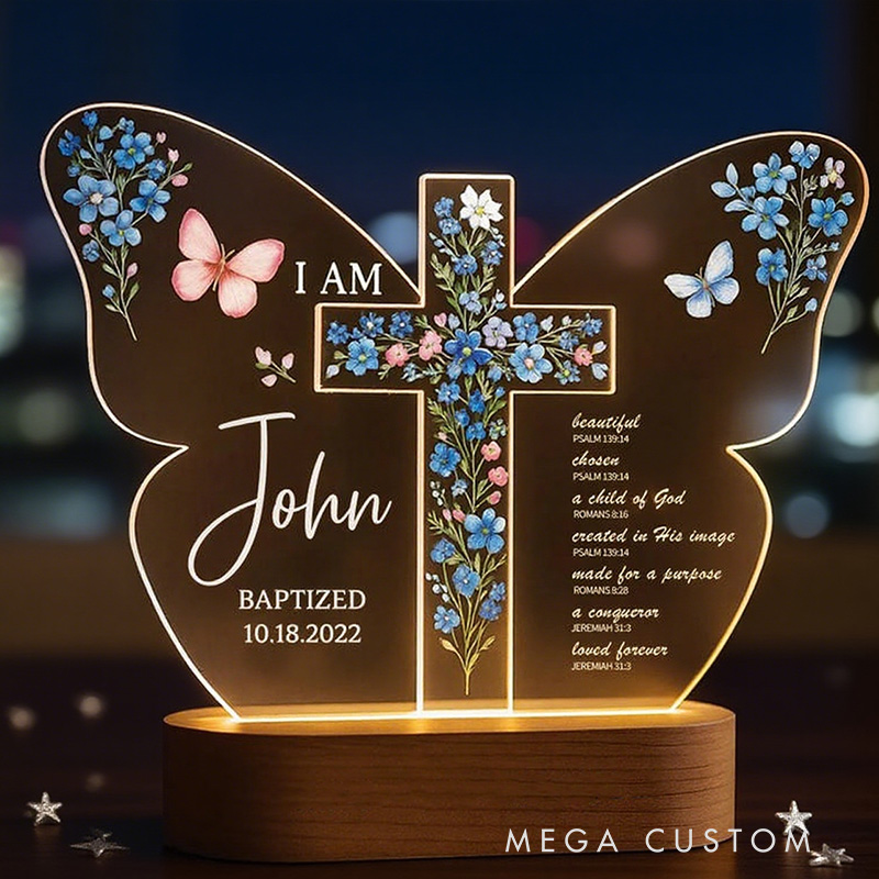 Personalized Butterfly Bible Verse Cross LED Night Light with Name and Date Baptism Gift Religious Gift for Girls