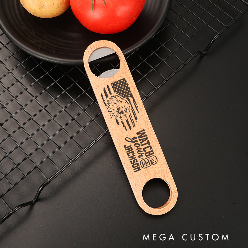 Personalized Wooden Handled Engraved Bottle Opener Watch Your Six Design for Police Officers Supporters
