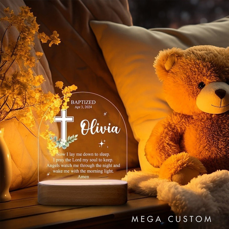 Personalized Prayer Cross Flower LED Night Light with Name and Date Baptism Gift Religious Gift for Girls