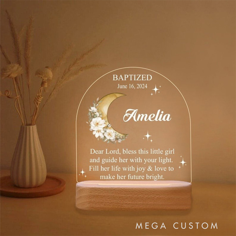 Personalized Moon Flower LED Night Light with Name and Date Religious Gift Christening Baptism Gift for Girls