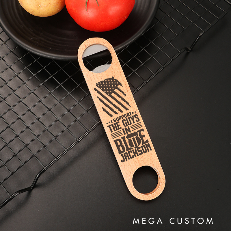 Personalized Wooden Handled Engraved Bottle Opener Gift for Police Officers in Blue Design