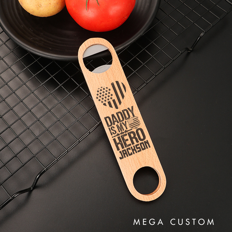 Personalized Wooden Handled Engraved Bottle Opener Gift for Police Officers with Daddy Is My Hero Design