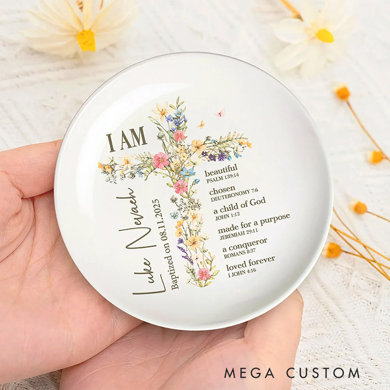 Personalized Floral Cross Bible Verse Ring Dish Jewelry Tray with Name and Text Christening Baptism Gift for Girls