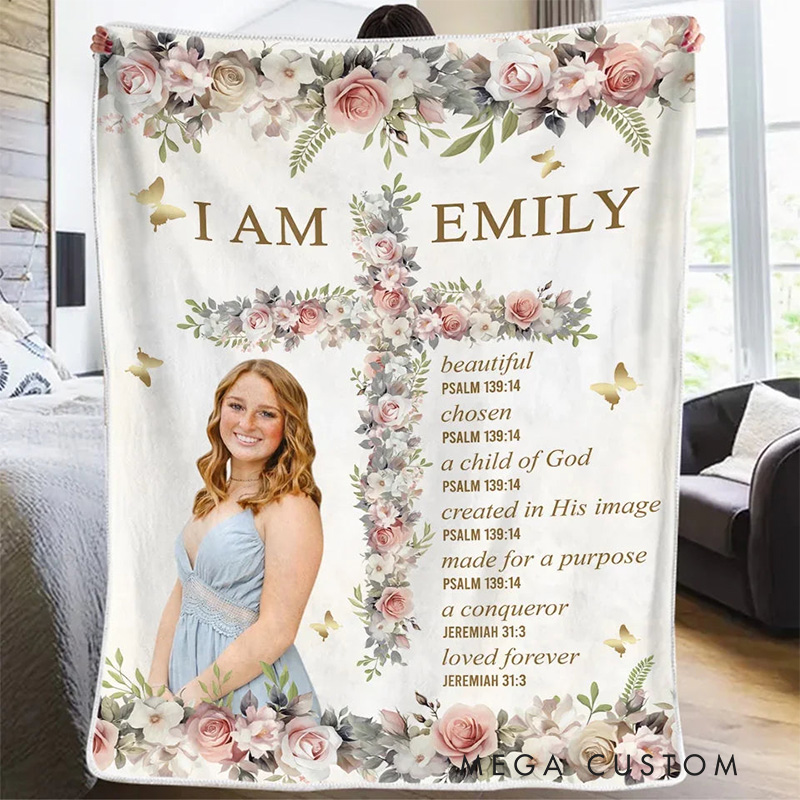 Personalized i am Bible Verse Floral Cross Throw Blanket with Name and Photo Religious Gift Birthday Gift for Women