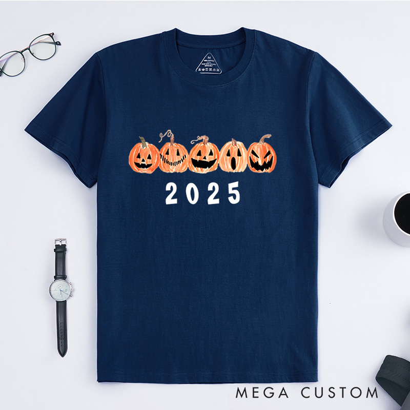 Personalized Row of Jack-O-Lantern Pumpkins Halloween T-Shirt Perfect for Seasonal Festivities T-Shirt
