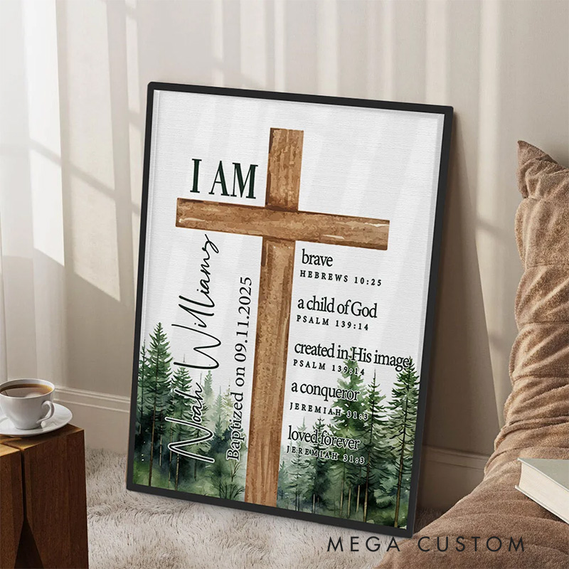 Personalized Forest Cross Bible Verse Framed Canvas Painting with Text Wall Decor Christening Baptism Gift for Boys