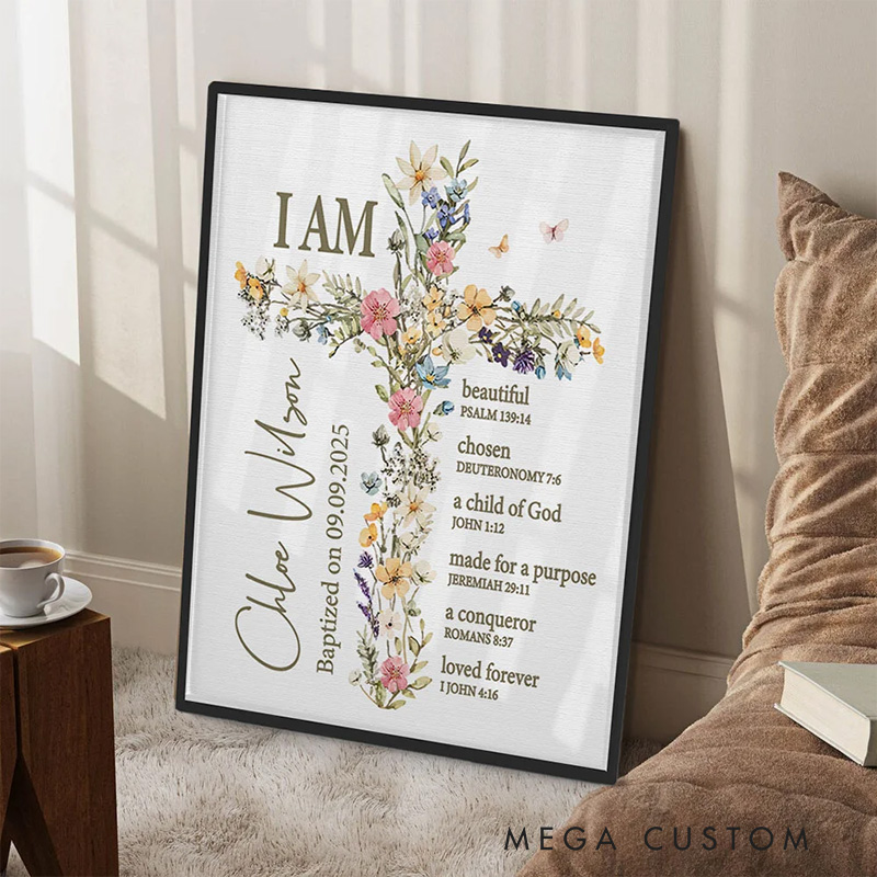 Personalized Floral Cross Bible Verse Framed Canvas Painting with Name and Text Wall Decor Christening Baptism Gift for Girls