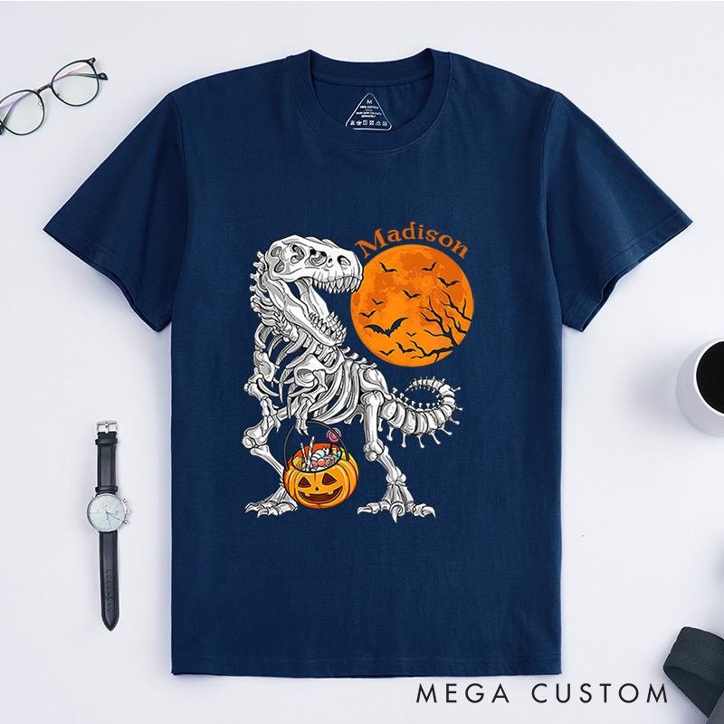 Personalized Dinosaur Skeleton Halloween T-Shirt Perfect for Adding a Unique and Spooky Twist T-Shirt