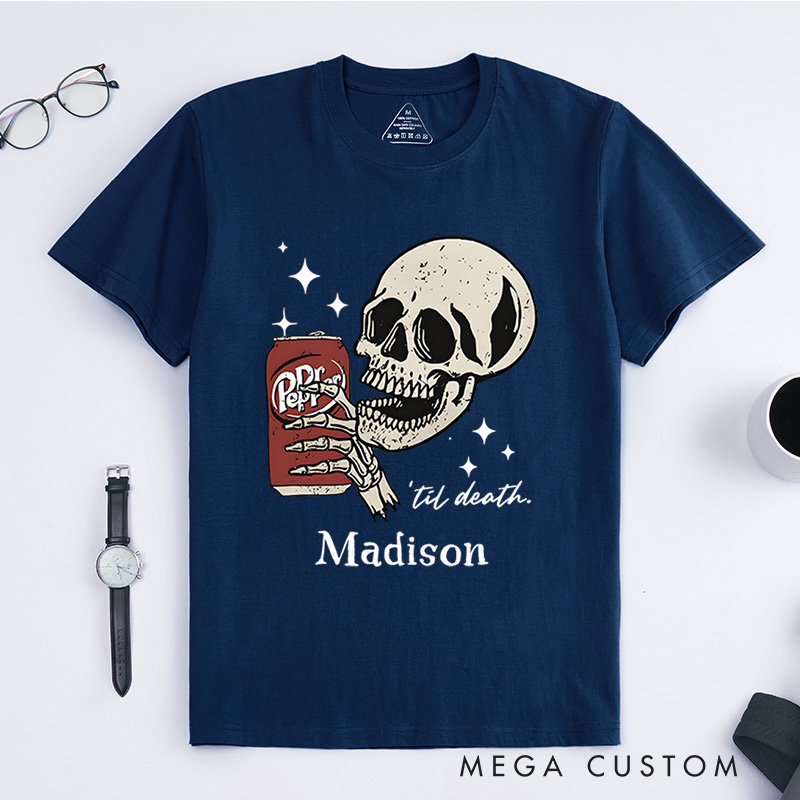 Personalized Skull and Drink Halloween T-Shirt Perfect for Adding a Playful and Spooky Vibe to Outfits T-Shirt