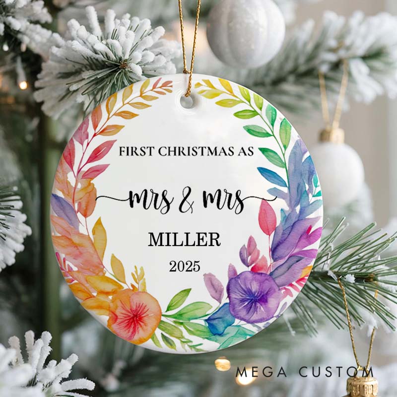 Personalized First Christmas as Mrs and Mrs Floral Ornament LGBTQ Lesbian Ornament for Her LGBTQA+ Christmas Ornament