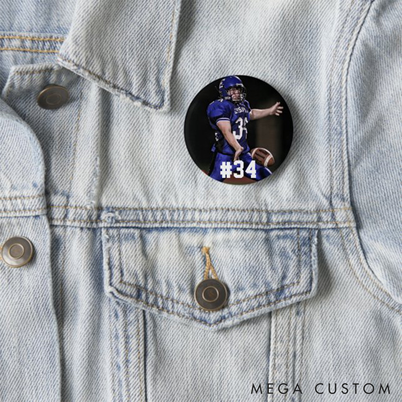 Personalized American Football Button Pin with Custom Photo and Number Design