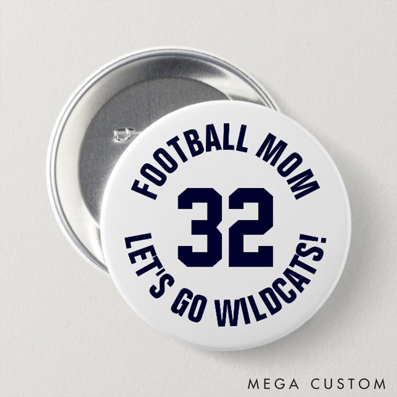 Personalized American Football Mom Button Pin with Custom Number and Text