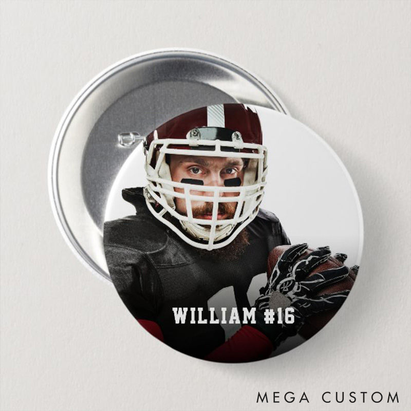 Personalized American Football Button Pin with Custom Name, Number and Photo
