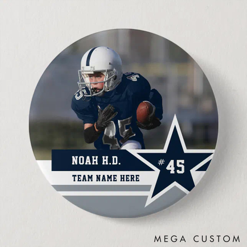 Personalized American Football Button Pin with Custom Your Dynamic Photo, Team Name, Name and Number