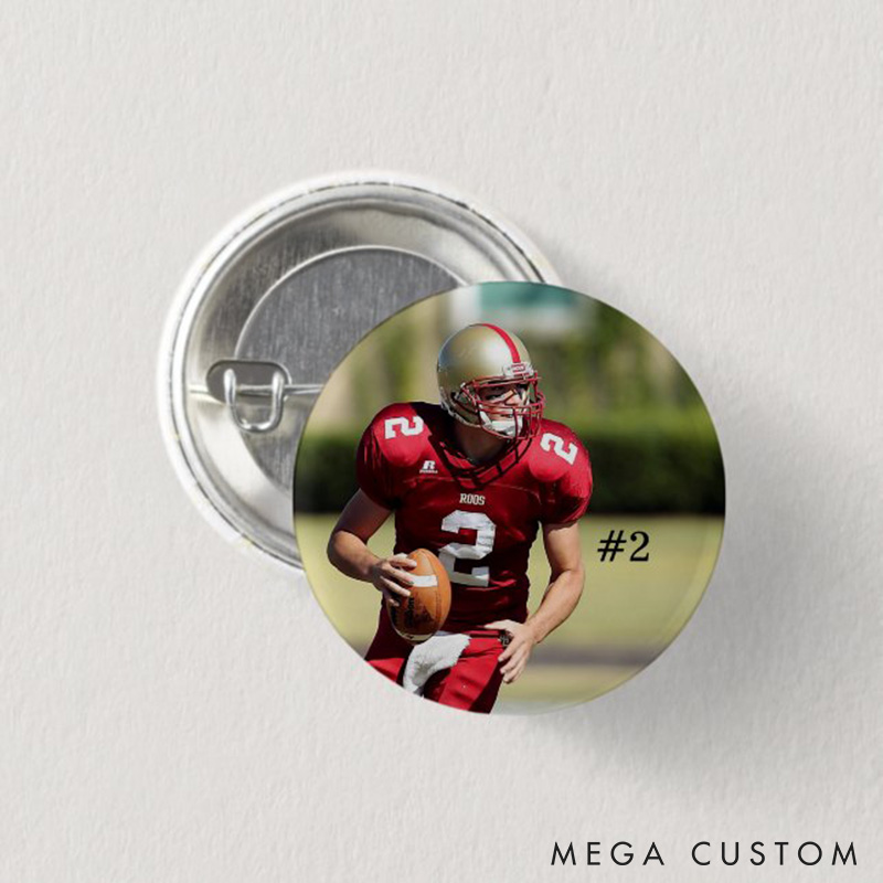 Personalized American Football Button Pin with Custom Your Photo and Number