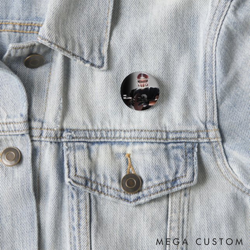 Personalized American Football Button Pin with Custom Player's Name, Number and Photo