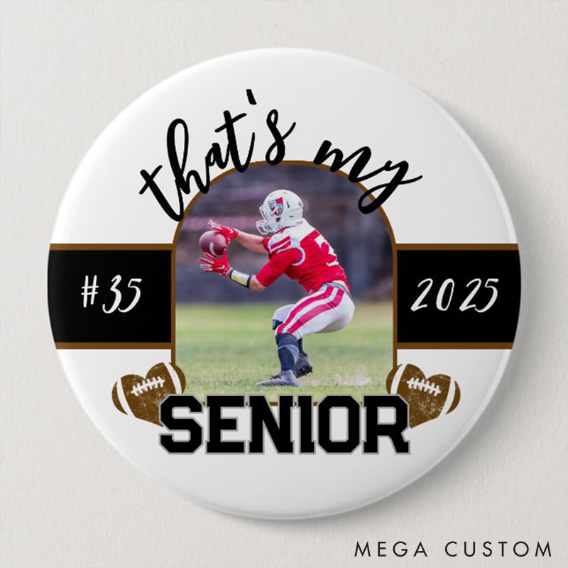 Personalized American Football Button Pin with Custom Player's Number, Year and Photo