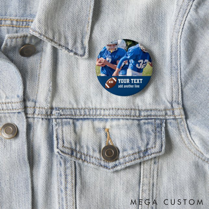 Personalized American Football Button Pin with Custom Player's Number, Text and Photo