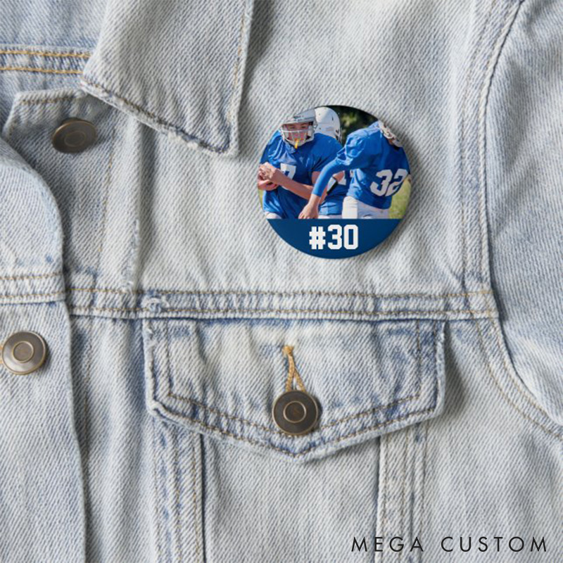 Personalized American Football Button Pin with Custom Player's Number and Photo for Fans