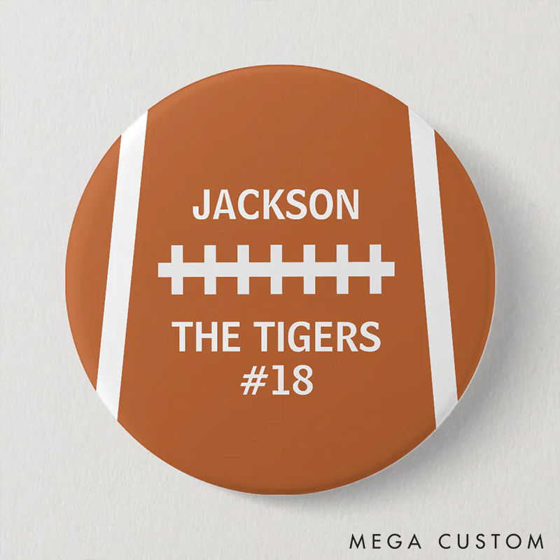 Personalized American Football Button Pin with Custom Your Name, Team Name and Number