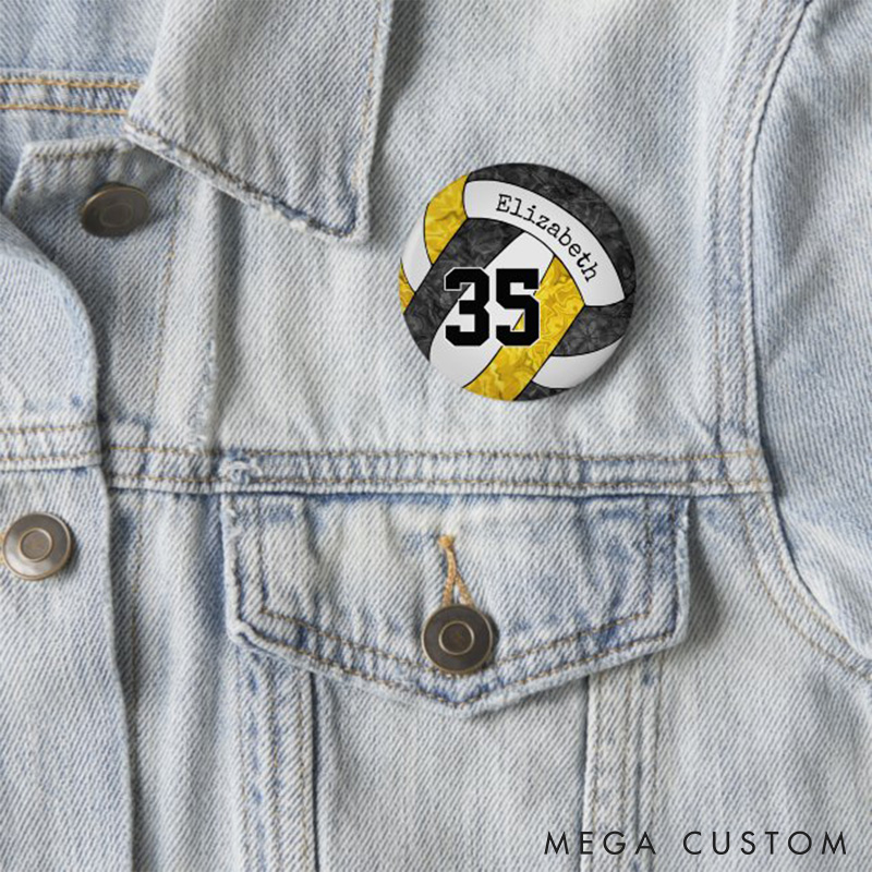 Personalized Volleyball Design Button Pin with Custom Player Name and Number