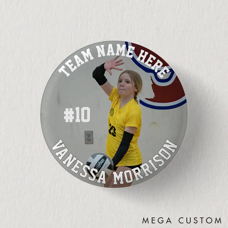 Personalized Action Shot Volleyball Button Pin with Custom Player Name, Number, Team Name and Photo