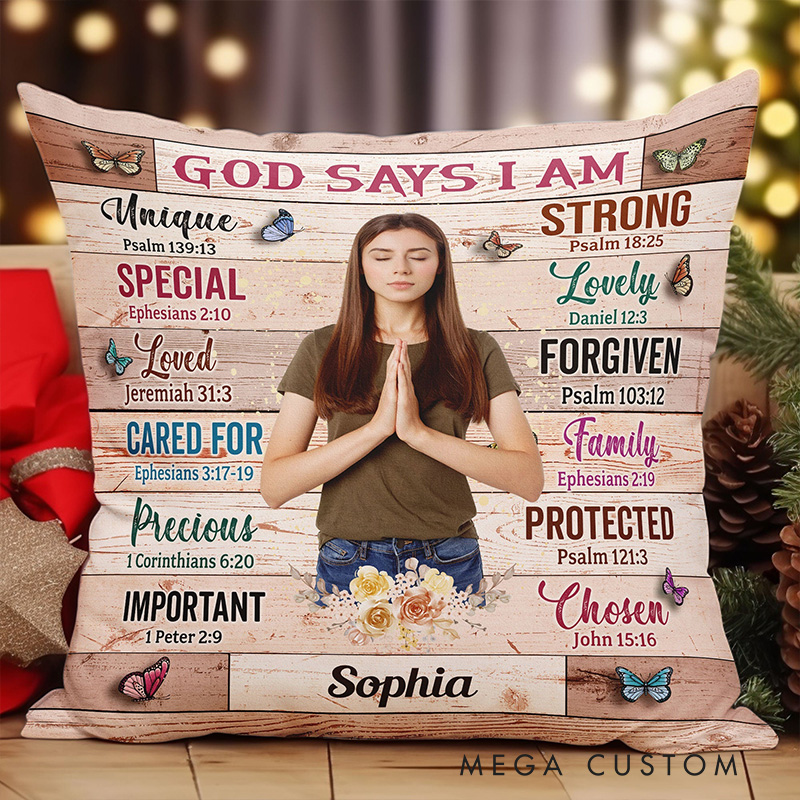Personalized God Says i am Unique Throw Pillow with Name and Photo Religious Gift Birthday Gift for Women