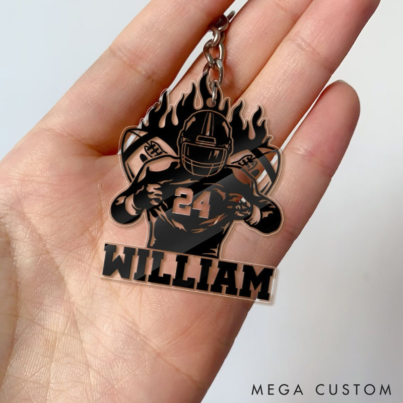 Personalized Fire and Player Design American Football Acrylic Keychain with Custom Number and Name