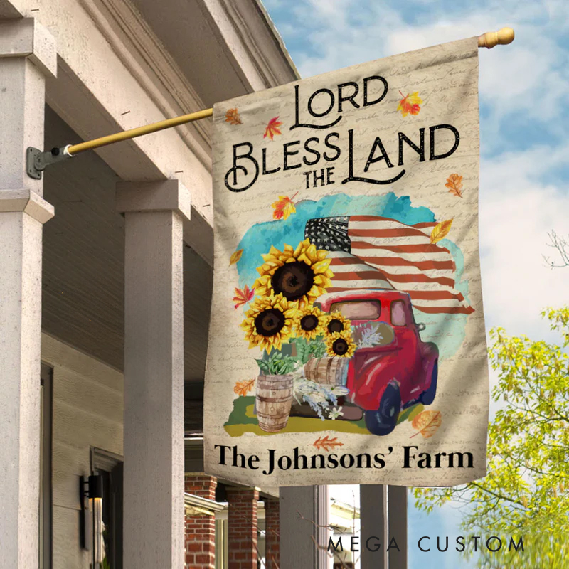 Personalized Farm Truck God Bless the Land Garden Flag with Text Yard Porch Decor Christmas Religious Gift for Family Christian