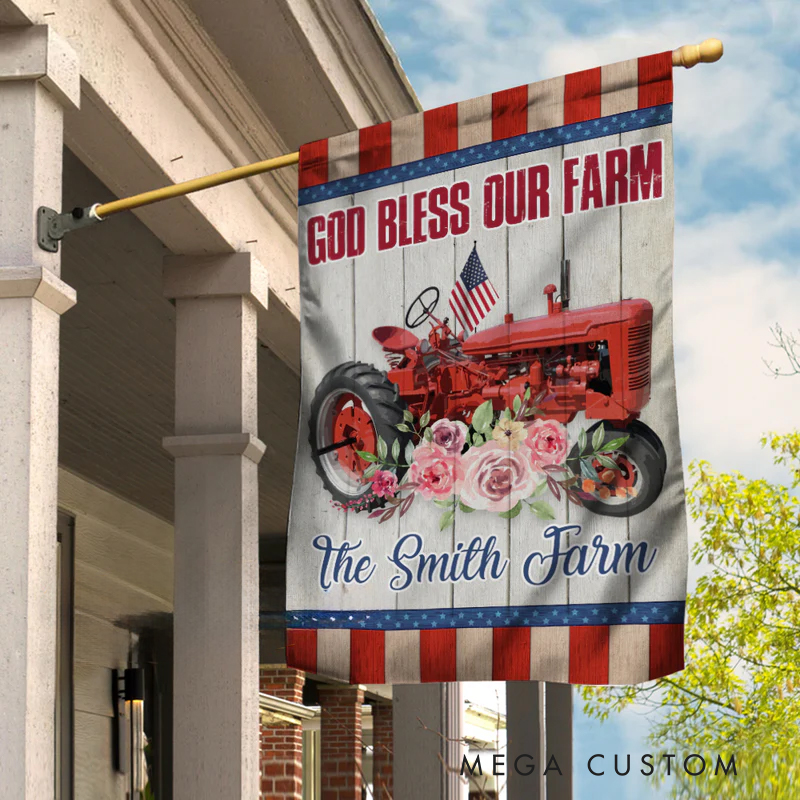 Personalized God Bless Our Farm Tractor Garden Flag with Text Yard Porch Decor Christmas Religious Gift for Family Christian