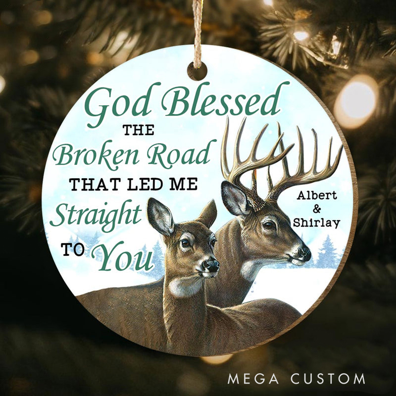 Personalized Couple Deer God Blessed the Broken Road Circle Wooden Ornament with Names Christian Gift for Couple