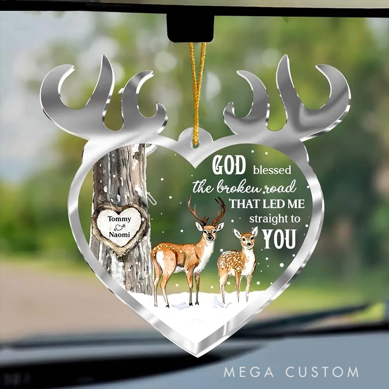 Personalized God Blessed the Broken Road Buck and Doe Acrylic Car Ornament with Names Religious Gift Christian Gift for Couple