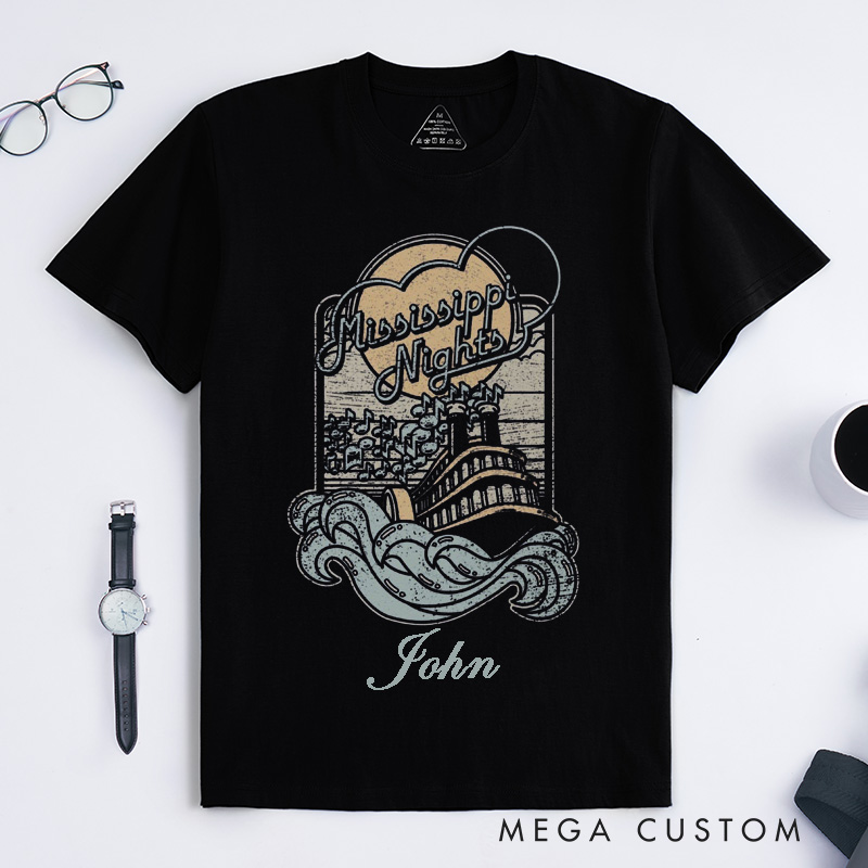 Personalized Mississippi Nights Riverboat Music Unisex Classic T-Shirts Custom Name Vintage Retro Graphic Tees Gift for Music Lovers Friends Men Women