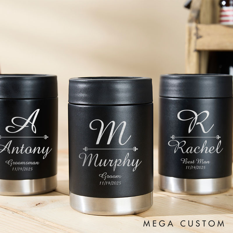 Personalized Wedding Can Coolers Groomsmen Beer Can Holder with Initial and Name Bachelor Gifts for Groom Best Man